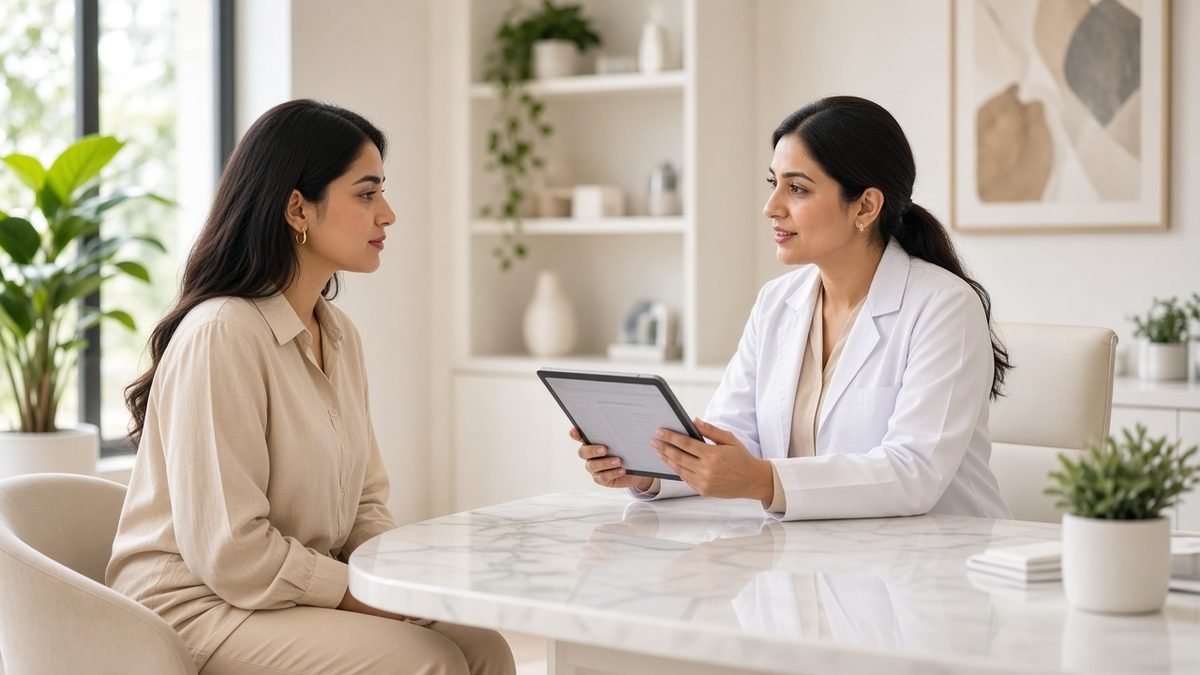 Young Pakistani woman consulting a dermatologist about skin tag removal cost in Pakistan and treatment options at a Lahore clinic