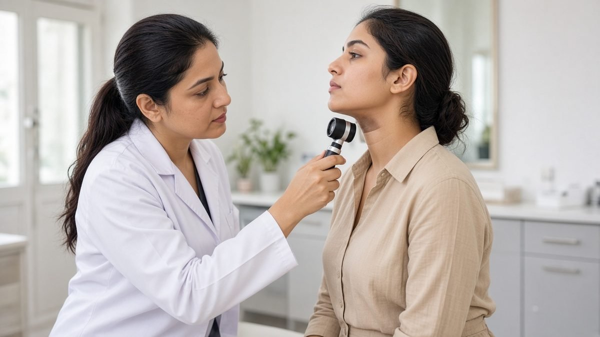 Dermatologist in a Lahore clinic examining a patient's neck with a dermatoscope for safe skin tag removal instead of unapproved creams