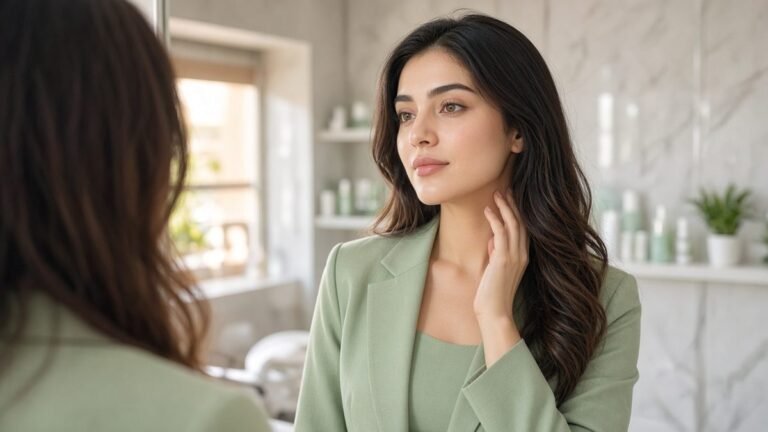 Skin tag removal in Pakistan: young Lahore woman in a modern co-ord set examining smooth neck skin