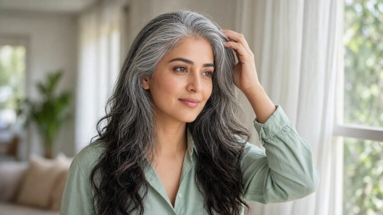 Transition from dyed hair to natural gray: Pakistani woman in a sage co-ord shirt touching her grown-out silver gray roots blending into long dark dyed hair by a window